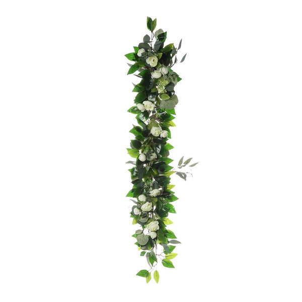 4 FT | Real Touch Green Eucalyptus & Willow Leaves Garland With Ranunculus Flowers
