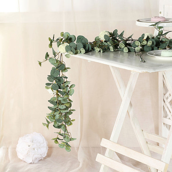 Frosted Green Faux Eucalyptus Garland, White Rose Flowers, Flower Garland Backdrop Decor