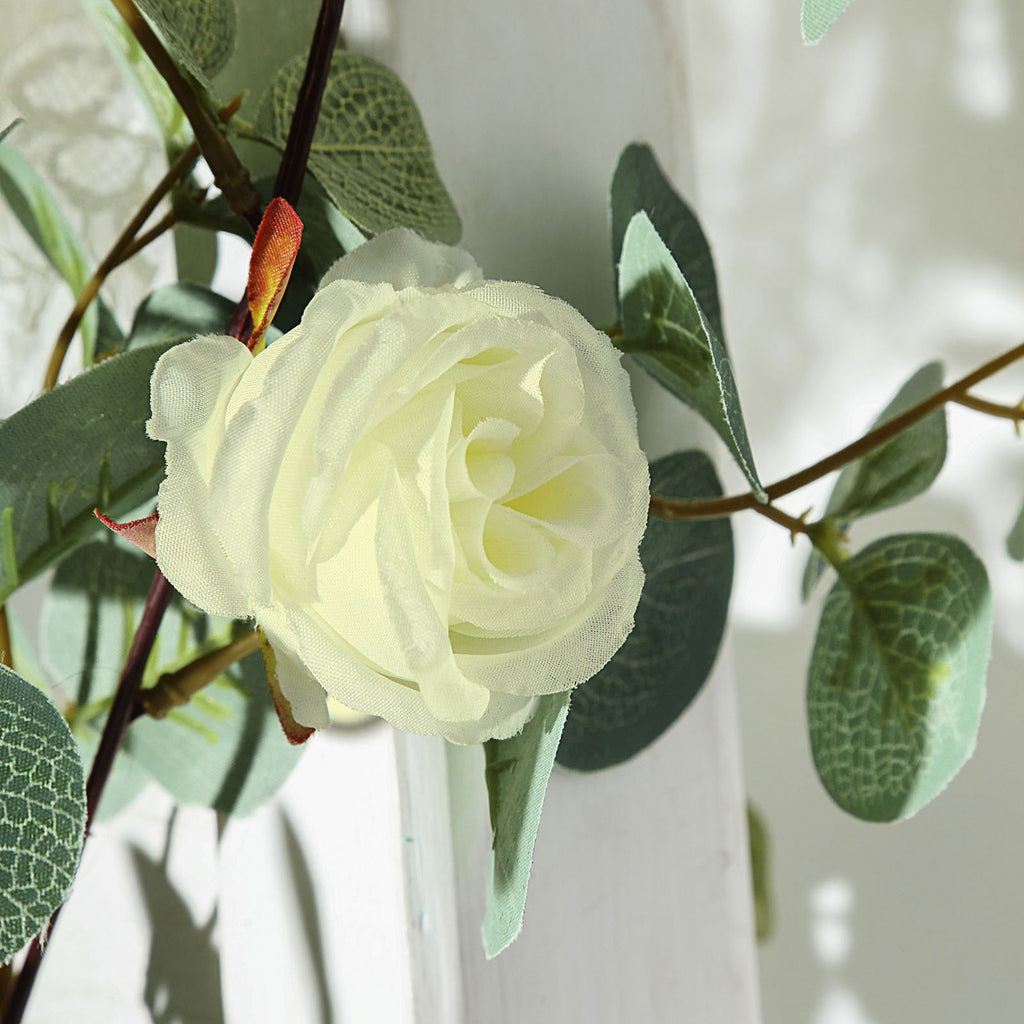 6 Feet | Faux Eucalyptus Garland With 8 Ivory Roses | Silk Flowers Factory