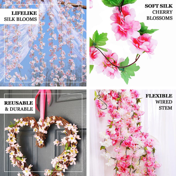 2 Pack | 7FT Artificial Cherry Blossom Silk Flower Garland, UV Protected Waterproof Hanging Vines - Rose Gold | Blush