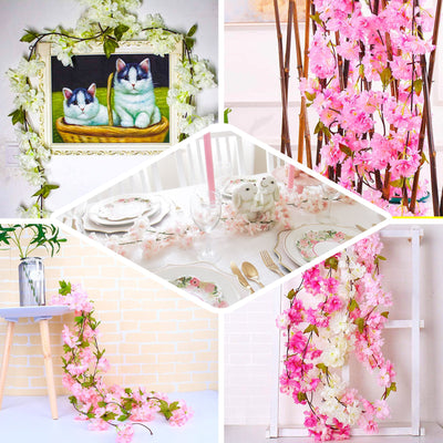 2 Pack | 7FT Artificial Cherry Blossom Silk Flower Garland, UV Protected Waterproof Hanging Vines - Rose Gold | Blush