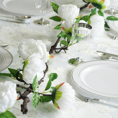 6 ft | White | Silk Peony Garland | Bendable Wire Vines | Artificial Flower Garlands with Leaves