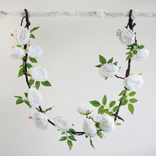 6 ft | White | Silk Peony Garland | Bendable Wire Vines | Artificial Flower Garlands with Leaves