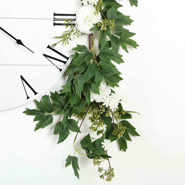 6 ft | White | 7 Flowers | Silk Peony Garland | Bendable Wire Vines | Artificial Flower Garlands with Seeds and Leaves