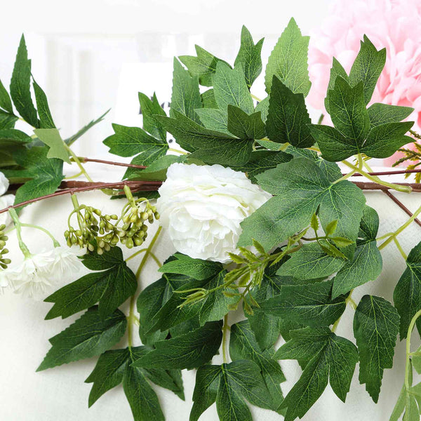 6 ft | White | 7 Flowers | Silk Peony Garland | Bendable Wire Vines | Artificial Flower Garlands with Seeds and Leaves