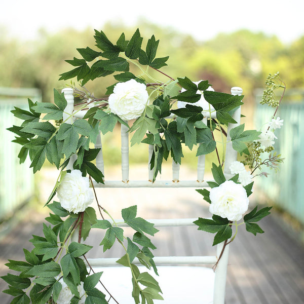 6 ft | White | 7 Flowers | Silk Peony Garland | Bendable Wire Vines | Artificial Flower Garlands with Seeds and Leaves