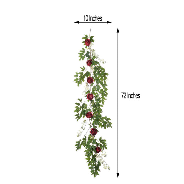 6 ft | Burgundy | 7 Flowers | Silk Peony Garland | Bendable Wire Vines | Artificial Flower Garlands with Seeds and Leaves