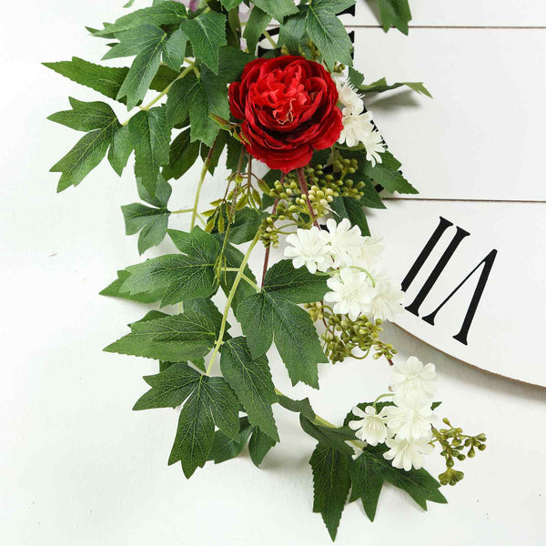 6 ft | Burgundy | 7 Flowers | Silk Peony Garland | Bendable Wire Vines | Artificial Flower Garlands with Seeds and Leaves