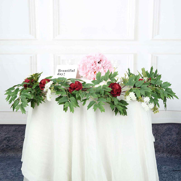 6 ft | Burgundy | 7 Flowers | Silk Peony Garland | Bendable Wire Vines | Artificial Flower Garlands with Seeds and Leaves