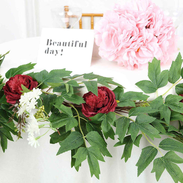 6 ft | Burgundy | 7 Flowers | Silk Peony Garland | Bendable Wire Vines | Artificial Flower Garlands with Seeds and Leaves