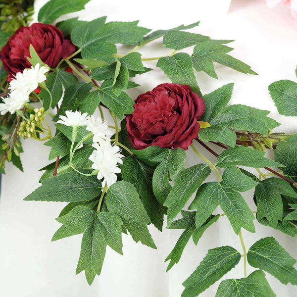 6 ft | Burgundy | 7 Flowers | Silk Peony Garland | Bendable Wire Vines | Artificial Flower Garlands with Seeds and Leaves