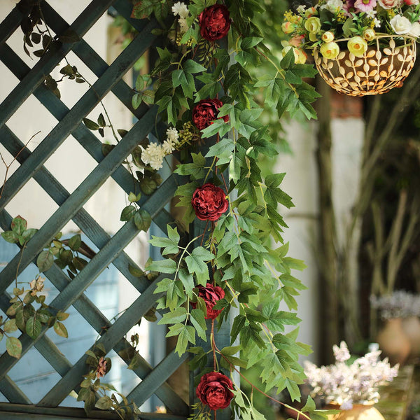 6 ft | Burgundy | 7 Flowers | Silk Peony Garland | Bendable Wire Vines | Artificial Flower Garlands with Seeds and Leaves