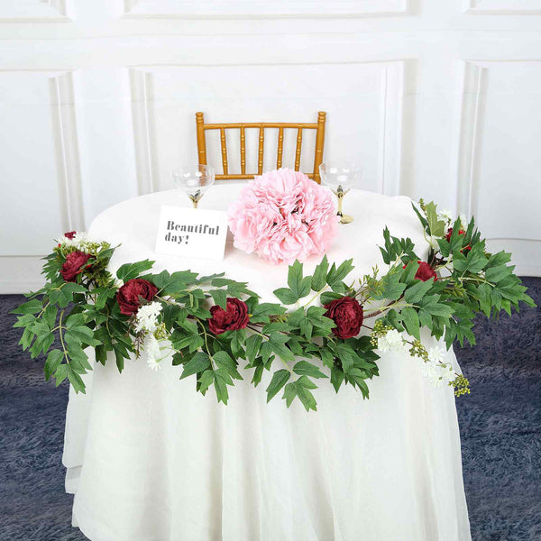 6 ft | Burgundy | 7 Flowers | Silk Peony Garland | Bendable Wire Vines | Artificial Flower Garlands with Seeds and Leaves