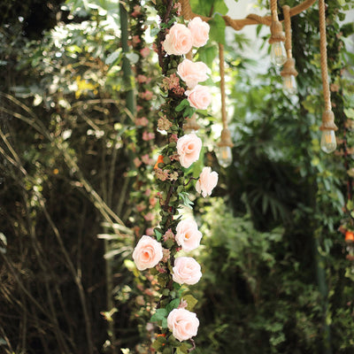 6 ft | Blush | 13 Flowers | UV Protected Silk Rose Garland | Bendable Wire Vines | Artificial Flower Garlands with Leaves