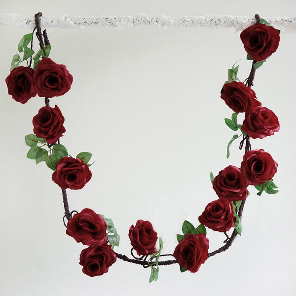 6 FT Burgundy UV Protected Silk Rose Garland - Artificial Wedding Garland - 14 Flowers
