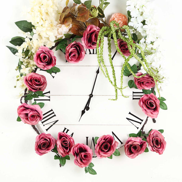 6FT | Dusty Rose | 14 Flowers | UV Protected Cinnamon Rose Silk Rose Garland | Bendable Wire Vines | Artificial Flower Garlands with Leaves