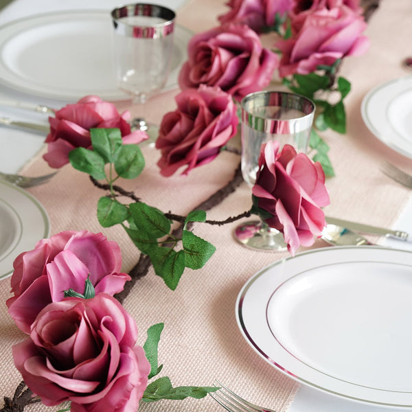 6FT | Dusty Rose | 14 Flowers | UV Protected Cinnamon Rose Silk Rose Garland | Bendable Wire Vines | Artificial Flower Garlands with Leaves