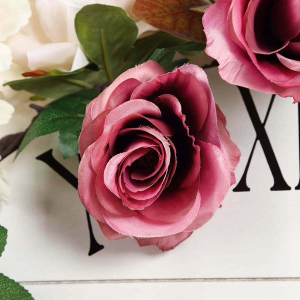 6FT | Dusty Rose | 14 Flowers | UV Protected Cinnamon Rose Silk Rose Garland | Bendable Wire Vines | Artificial Flower Garlands with Leaves#whtbkgd