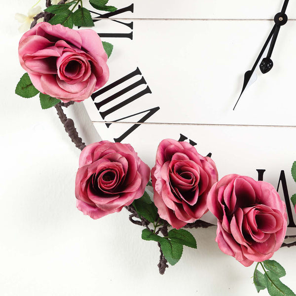 6FT | Dusty Rose | 14 Flowers | UV Protected Cinnamon Rose Silk Rose Garland | Bendable Wire Vines | Artificial Flower Garlands with Leaves