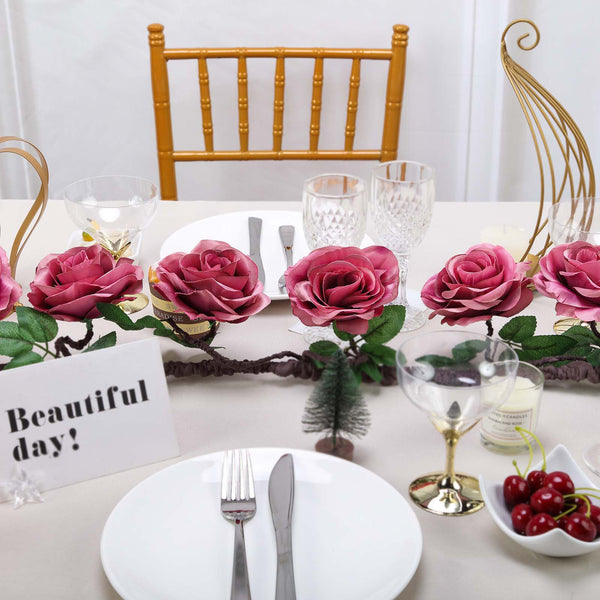 6FT | Dusty Rose | 14 Flowers | UV Protected Cinnamon Rose Silk Rose Garland | Bendable Wire Vines | Artificial Flower Garlands with Leaves