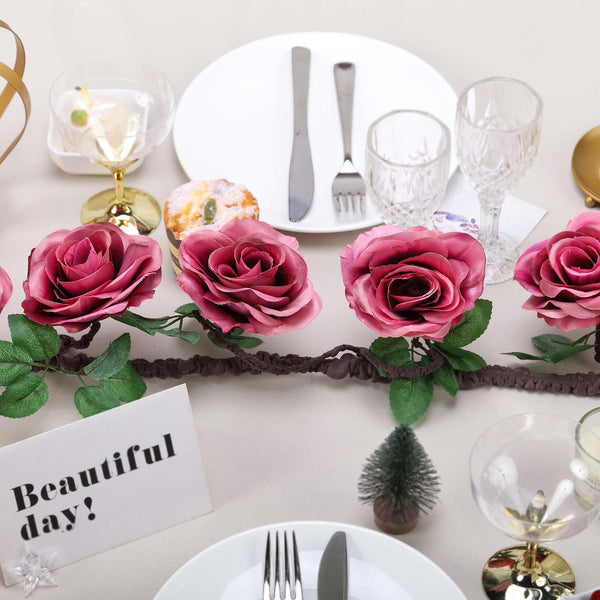 6FT | Dusty Rose | 14 Flowers | UV Protected Cinnamon Rose Silk Rose Garland | Bendable Wire Vines | Artificial Flower Garlands with Leaves