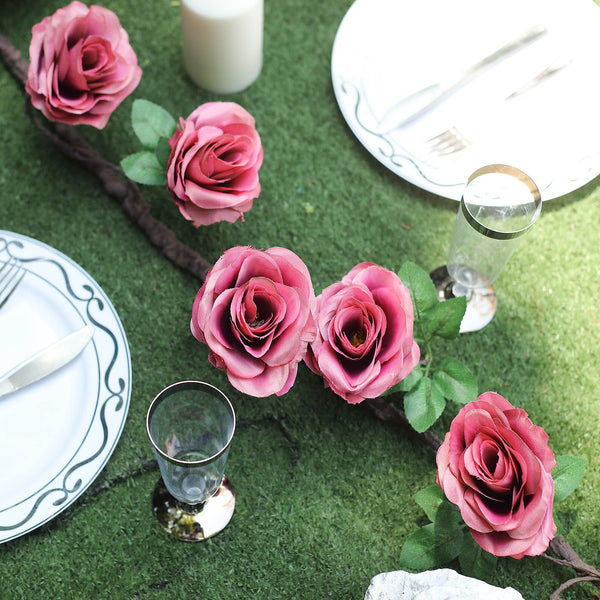 6FT | Dusty Rose | 14 Flowers | UV Protected Cinnamon Rose Silk Rose Garland | Bendable Wire Vines | Artificial Flower Garlands with Leaves