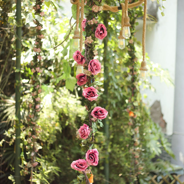 6FT | Dusty Rose | 14 Flowers | UV Protected Cinnamon Rose Silk Rose Garland | Bendable Wire Vines | Artificial Flower Garlands with Leaves