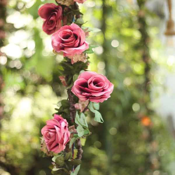 6FT | Dusty Rose | 14 Flowers | UV Protected Cinnamon Rose Silk Rose Garland | Bendable Wire Vines | Artificial Flower Garlands with Leaves