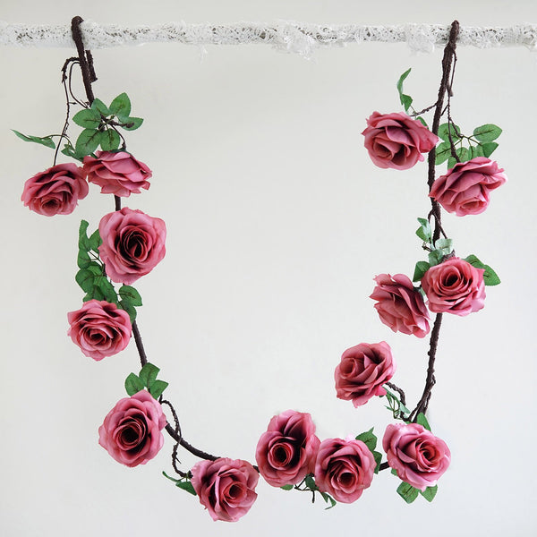 6FT | Dusty Rose | 14 Flowers | UV Protected Cinnamon Rose Silk Rose Garland | Bendable Wire Vines | Artificial Flower Garlands with Leaves