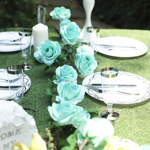 6 ft | Aqua | 13 Flowers | UV Protected Silk Rose Garland | Bendable Wire Vines | Artificial Flower Garlands with Leaves