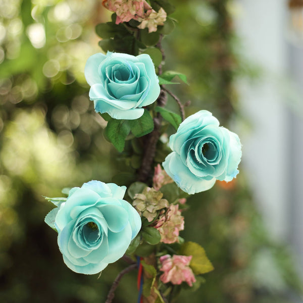 6 ft | Aqua | 13 Flowers | UV Protected Silk Rose Garland | Bendable Wire Vines | Artificial Flower Garlands with Leaves