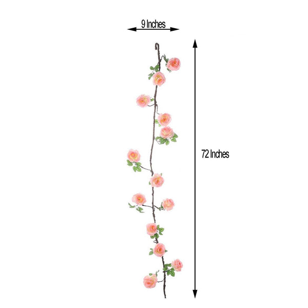 6 ft | Pink | 13 Flowers | UV Protected Silk Rose Garland | Bendable Wire Vines | Artificial Flower Garlands with Leaves