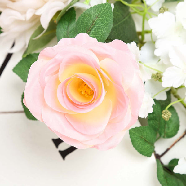 6 ft | Pink | Silk Rose Garland | Bendable Wire Vines | Artificial Flower Garlands with Leaves