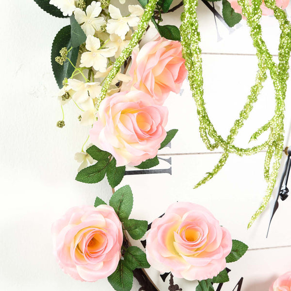 6 ft | Pink | Silk Rose Garland | Bendable Wire Vines | Artificial Flower Garlands with Leaves