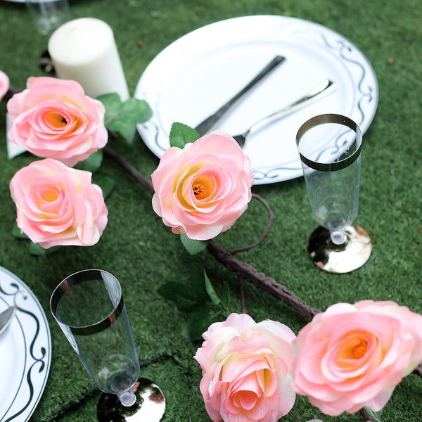 6 ft | Pink | 13 Flowers | UV Protected Silk Rose Garland | Bendable Wire Vines | Artificial Flower Garlands with Leaves