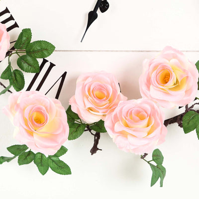 6 ft | Pink | Silk Rose Garland | Bendable Wire Vines | Artificial Flower Garlands with Leaves