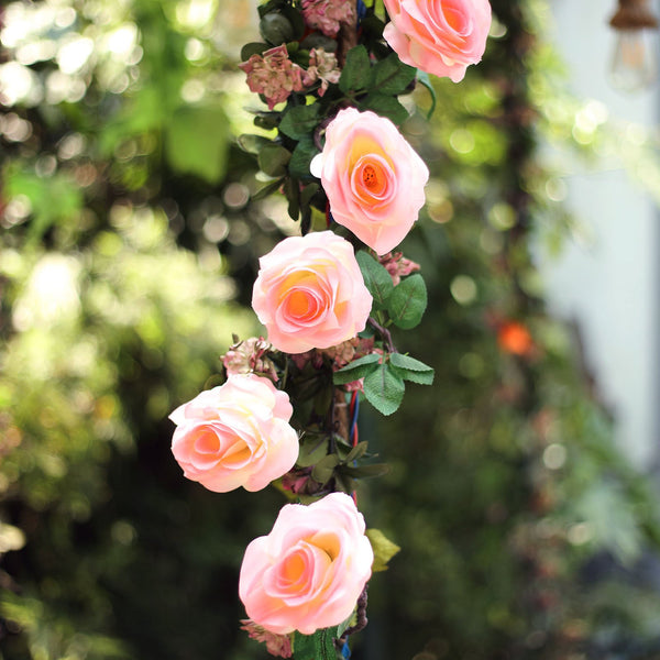 6 ft | Pink | 13 Flowers | UV Protected Silk Rose Garland | Bendable Wire Vines | Artificial Flower Garlands with Leaves