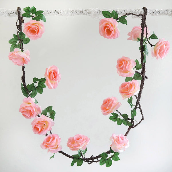 6 ft | Pink | Silk Rose Garland | Bendable Wire Vines | Artificial Flower Garlands with Leaves