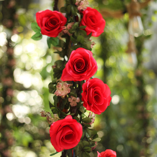 6 ft | Red | 13 Flowers | UV Protected Silk Rose Garland | Bendable Wire Vines | Artificial Flower Garlands with Leaves