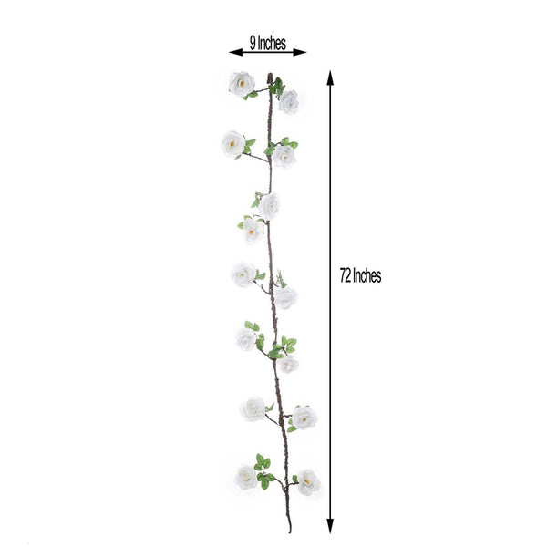 6 ft | White | 13 Flowers | UV Protected Silk Rose Garland | Bendable Wire Vines | Artificial Flower Garlands with Leaves