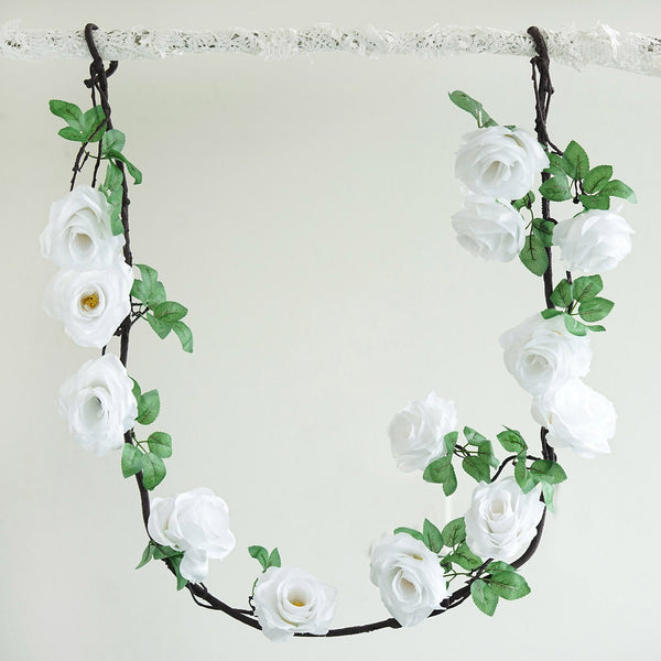 6 ft | White | Silk Rose Garland | Bendable Wire Vines | Artificial Flower Garlands with Leaves