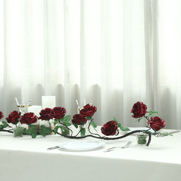6 ft | Burgundy | 13 Flowers | UV Protected Silk Rose Garland | Bendable Wire Vines | Artificial Flower Garlands with Leaves