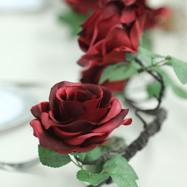 6 ft | Burgundy | 13 Flowers | UV Protected Silk Rose Garland | Bendable Wire Vines | Artificial Flower Garlands with Leaves