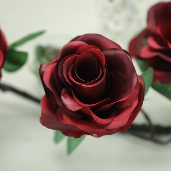 6 ft | Burgundy | 13 Flowers | UV Protected Silk Rose Garland | Bendable Wire Vines | Artificial Flower Garlands with Leaves