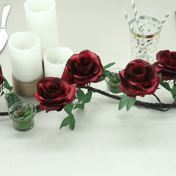 6 ft | Burgundy | 13 Flowers | UV Protected Silk Rose Garland | Bendable Wire Vines | Artificial Flower Garlands with Leaves