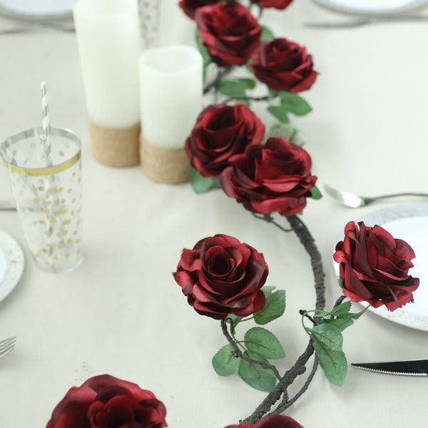 6 ft | Burgundy | 13 Flowers | UV Protected Silk Rose Garland | Bendable Wire Vines | Artificial Flower Garlands with Leaves