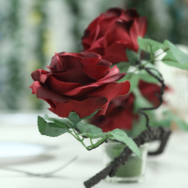 6 ft | Burgundy | 13 Flowers | UV Protected Silk Rose Garland | Bendable Wire Vines | Artificial Flower Garlands with Leaves