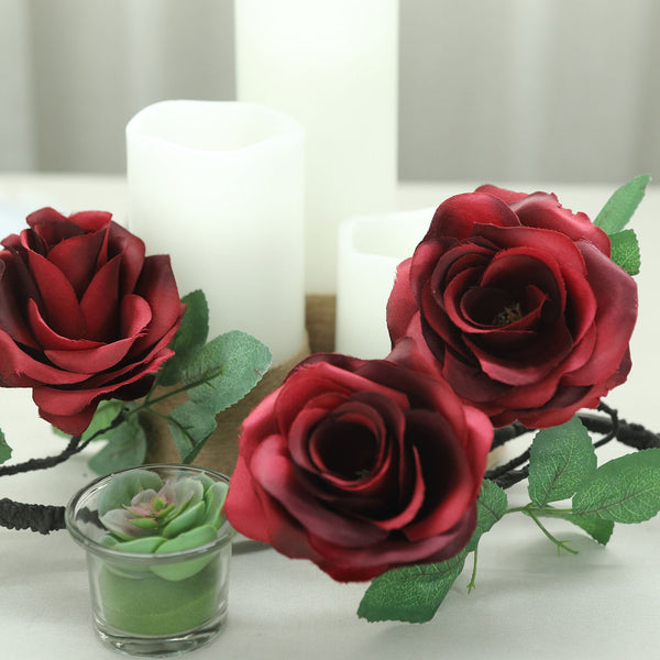 6 ft | Burgundy | 13 Flowers | UV Protected Silk Rose Garland | Bendable Wire Vines | Artificial Flower Garlands with Leaves