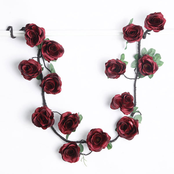 6 FT Burgundy UV Protected Silk Rose Garland - Artificial Wedding Garland - 14 Flowers