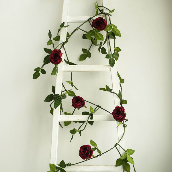 6FT Long Burgundy Real Touch Rose Garland With 5 Big Roses, Wedding Garland Centerpiece